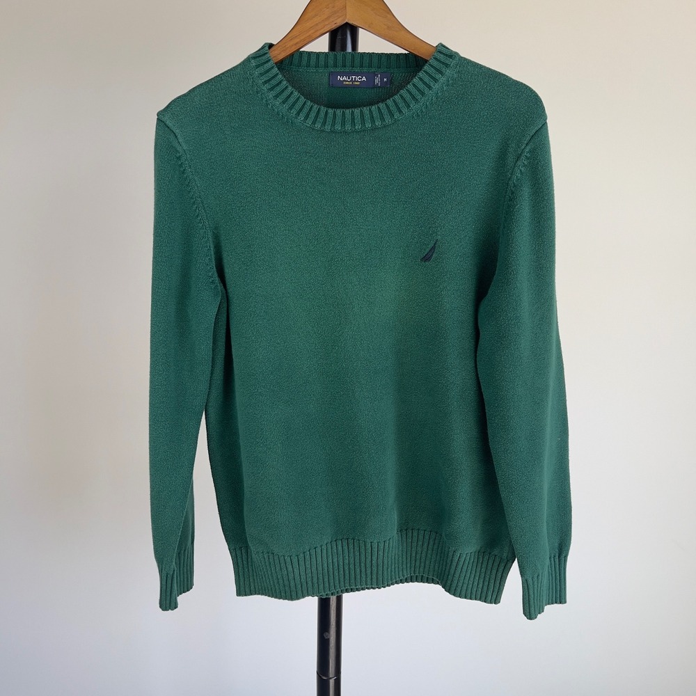 Nautica Mens Medium Forest Green Cotton Crewneck Sweater Long Sleeve Pullover